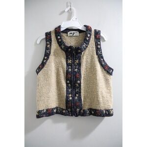 Vintage My Floral Embroidered Zip Up Sweater Vest‎ Beige Navy Knit Mock Neck
